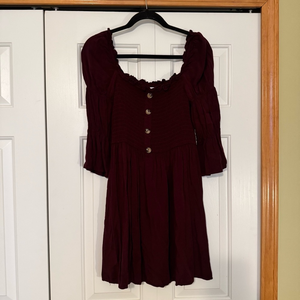 Pink Lily Wine Colored Smocked Long‎ Sleeve Mini Dress